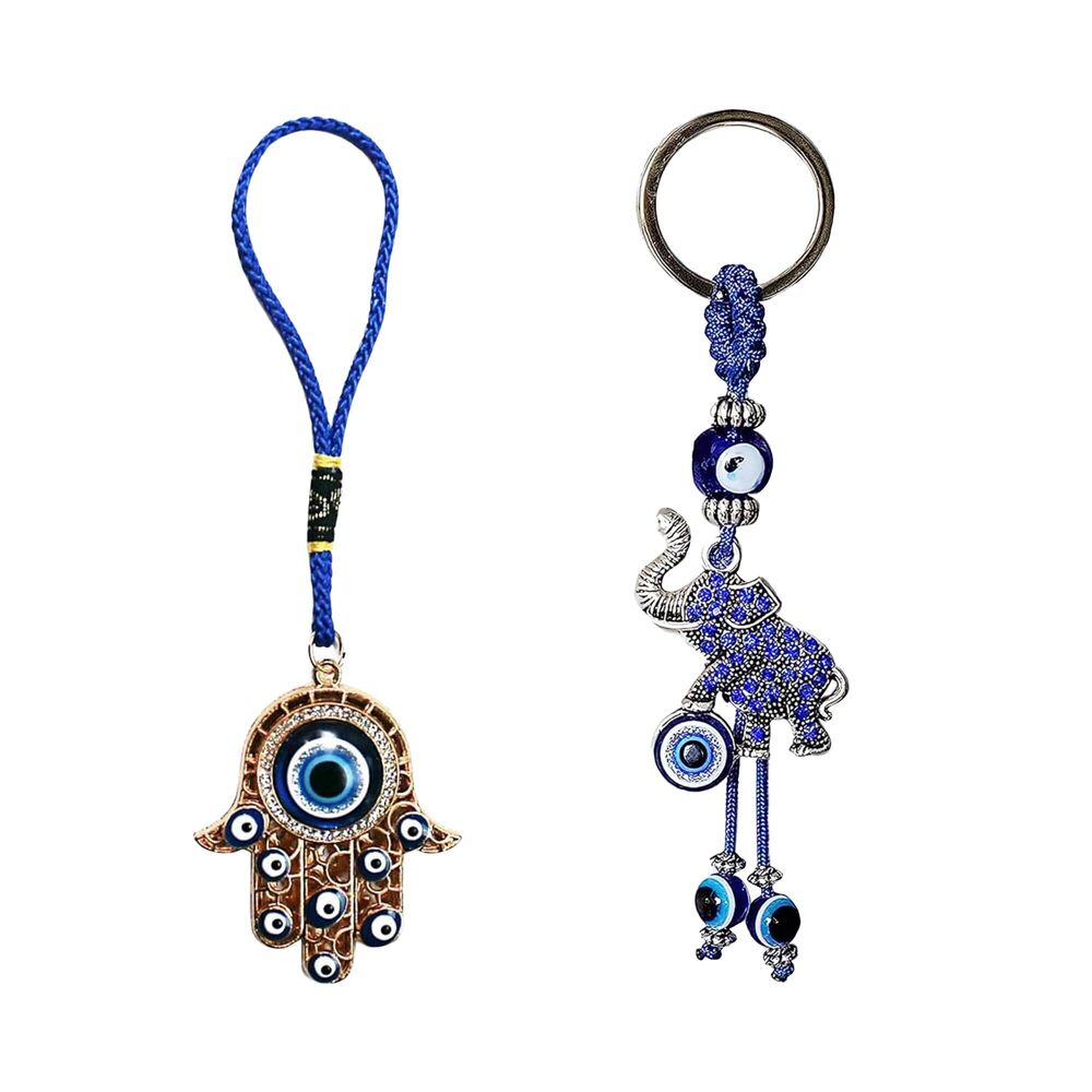 4691 Hamsa Hand and Elephant Evil Eye Charm Set - Crystal Rhinestone